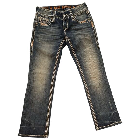 New ROCK REVIVAL Capri Jeans Jacklyn Mid Faded Orange Stitch No Flap Women's 26 - Picture 4 of 6